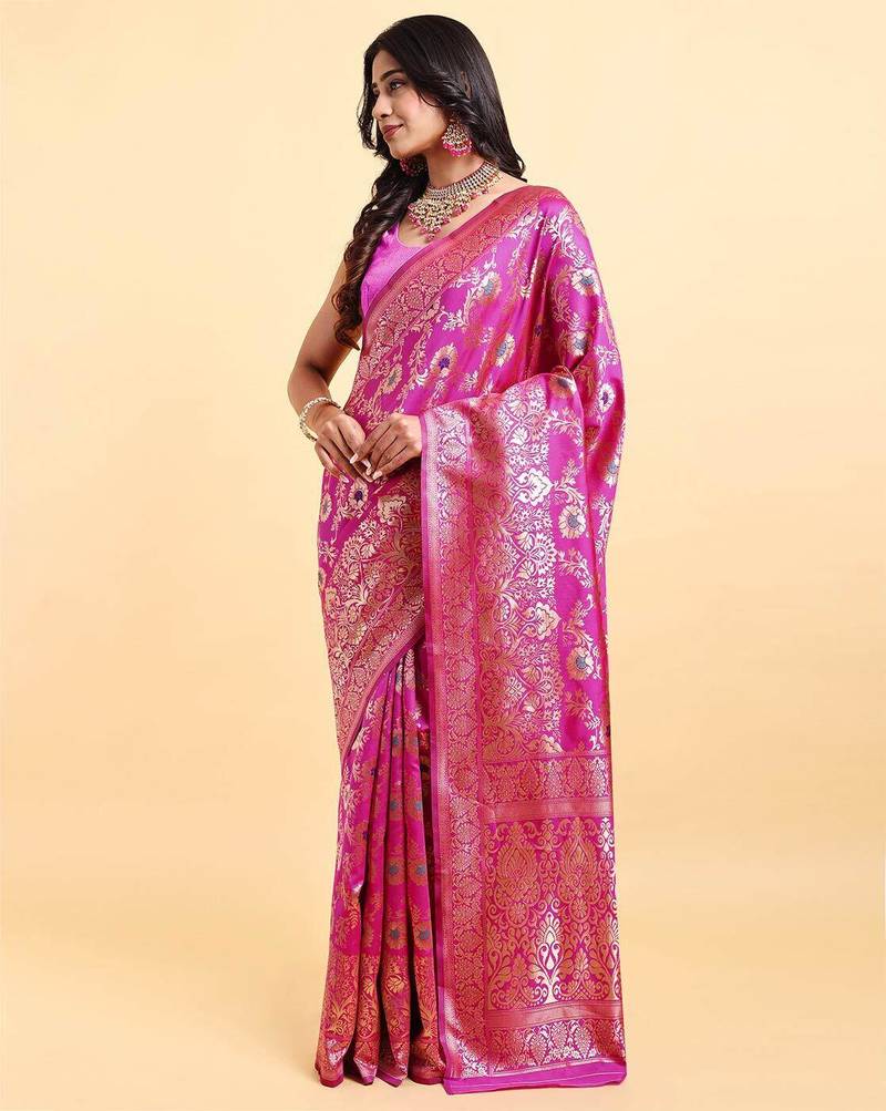 Pink jacquard zari woven patola saree with blouse piece