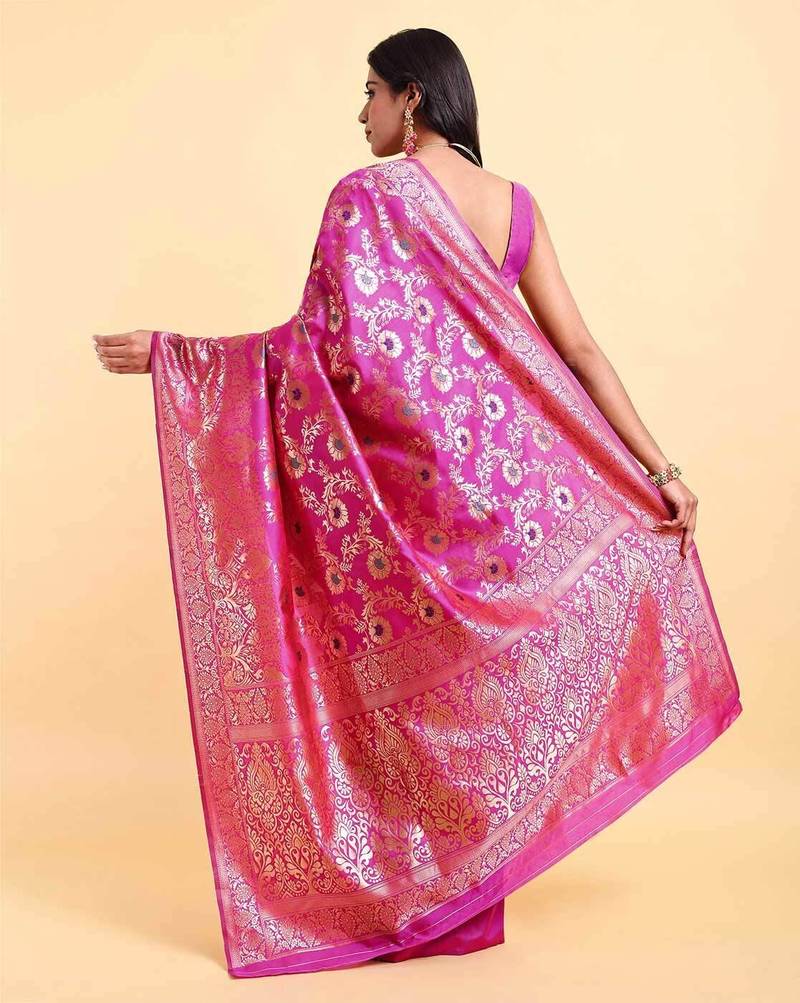 Pink jacquard zari woven patola saree with blouse piece
