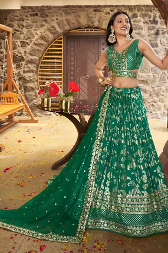 Glamorous Rama Green zari with sequin embroidered Dola Silk Jacquard indian wedding latest design lehenga choli