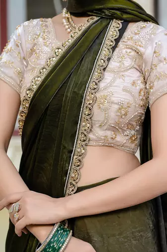 Mehendi satin with velvet lustre sheen handwork lace with piping & cutwork saree with blouse