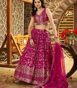 Graceful Rani Pink Sequence embroidery with zari work Dola Silk Jacquard wedding indian latest designer lehenga
