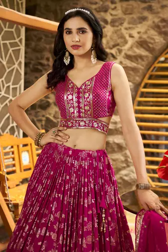 Graceful Rani Pink Sequence embroidery with zari work Dola Silk Jacquard wedding indian latest designer lehenga