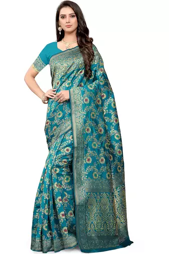 Turquoise jacquard zari woven patola saree with blouse piece