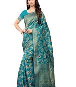 Turquoise jacquard zari woven patola saree with blouse piece