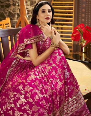 Graceful Rani Pink Sequence embroidery with zari work Dola Silk Jacquard wedding indian latest designer lehenga 4