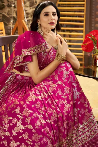 Graceful Rani Pink Sequence embroidery with zari work Dola Silk Jacquard wedding indian latest designer lehenga