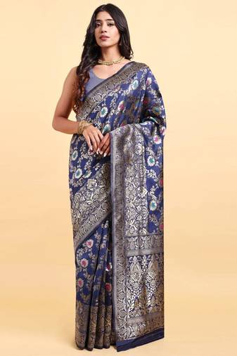 Navy blue jacquard zari woven patola saree with blouse piece