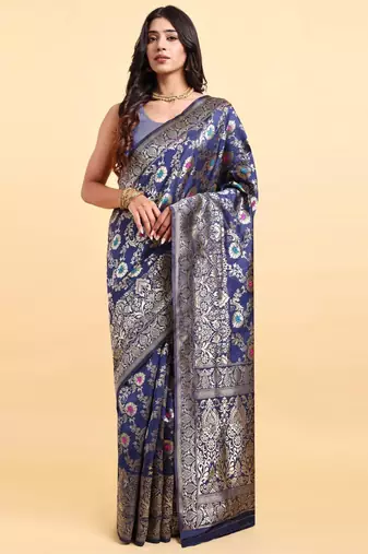 Navy blue jacquard zari woven patola saree with blouse piece