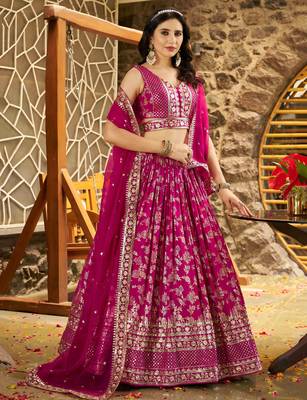 Graceful Rani Pink Sequence embroidery with zari work Dola Silk Jacquard wedding indian latest designer lehenga 6