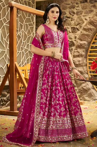 Graceful Rani Pink Sequence embroidery with zari work Dola Silk Jacquard wedding indian latest designer lehenga