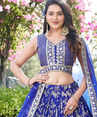 Charming Royal Blue zari embroidery with Sequence work Dola Silk Jacquard indian designer wedding bridal lehenga 6