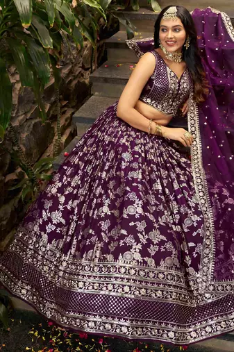 Gorgeous Wine embroidery with sequin and zari Dola Silk Jacquard indian designer wedding party wear lehenga