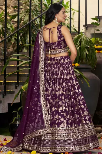 Gorgeous Wine embroidery with sequin and zari Dola Silk Jacquard indian designer wedding party wear lehenga