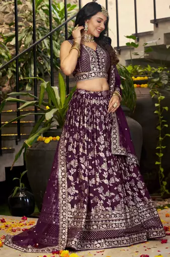 Gorgeous Wine embroidery with sequin and zari Dola Silk Jacquard indian designer wedding party wear lehenga