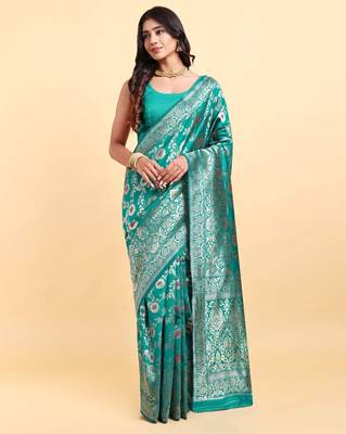 Ocean green jacquard zari woven patola saree with blouse piece 2