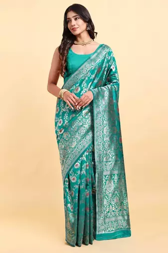 Ocean green jacquard zari woven patola saree with blouse piece