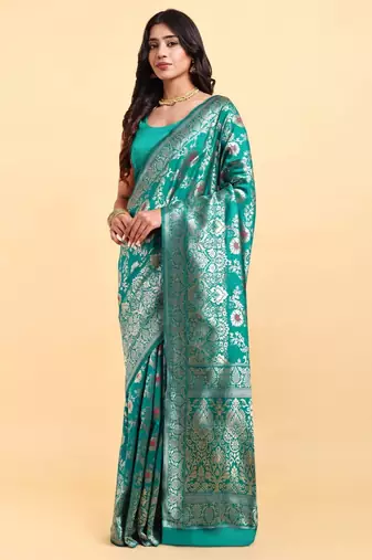 Ocean green jacquard zari woven patola saree with blouse piece