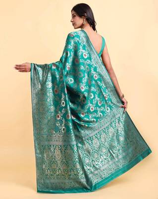 Ocean green jacquard zari woven patola saree with blouse piece 4