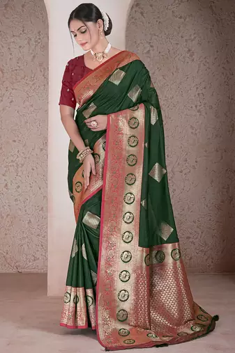  green floral art silk printed saree comes with matching blouse