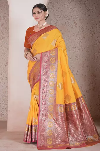  mustaed floral art silk printed saree comes with matching blouse