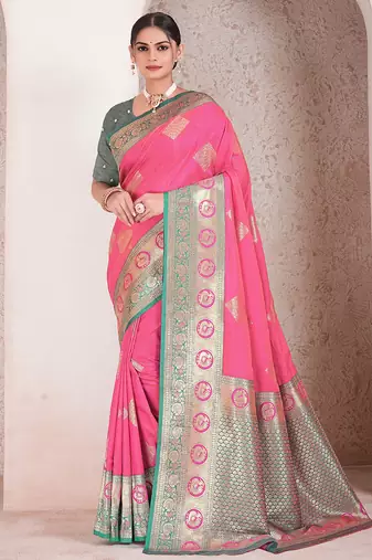  pink floral art silk printed saree comes with matching blouse