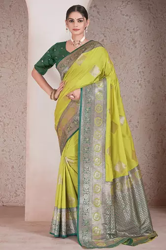 parrot green floral art silk printed saree comes with matching blouse