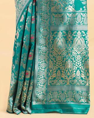 Ocean green jacquard zari woven patola saree with blouse piece 6