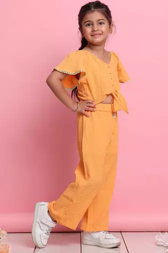Girls' orange co-ord set     flared sleeve top & wide-leg pants