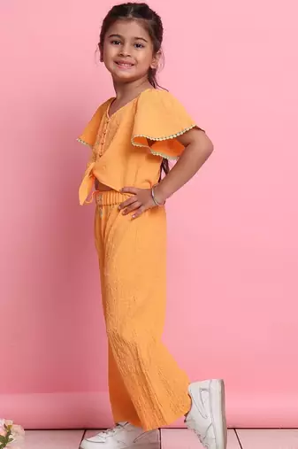 Girls' orange co-ord set     flared sleeve top & wide-leg pants