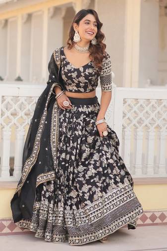 Black sequin and zari embroidered Dola Silk Jacquard lehenga choli