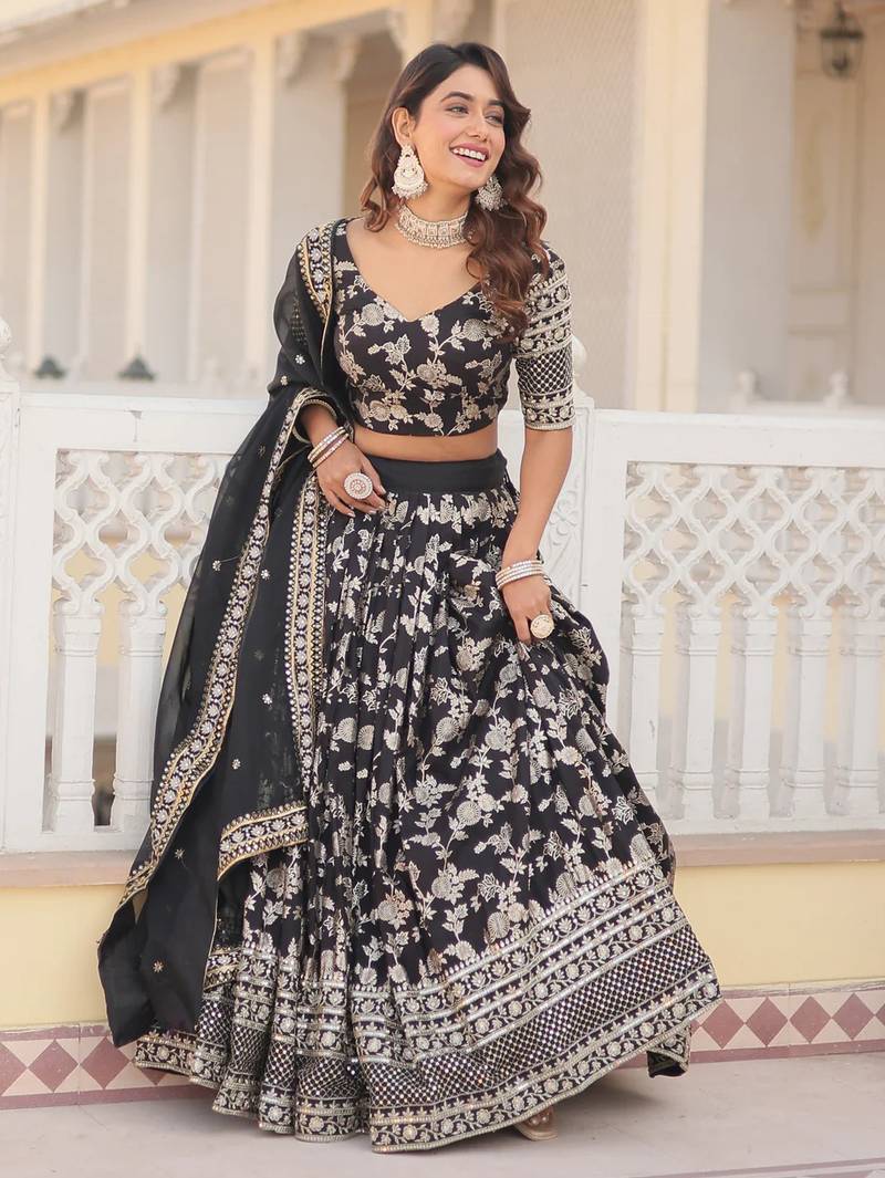 Black sequin and zari embroidered Dola Silk Jacquard lehenga choli
