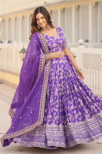 Purple Sequence and zari embroidered Dola Silk Jacquard wedding designer indian lehenga choli