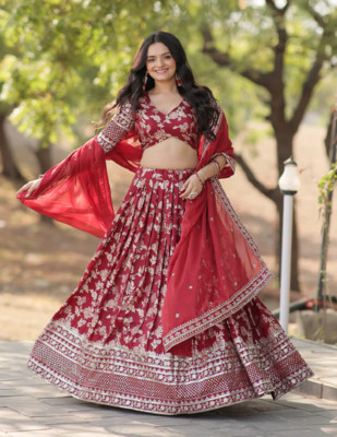 Maroon sequins with zari emrbroidery work Dola Silk Jacquard wedding indian designer lehenga choli 1
