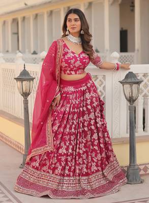 Pink Embroidered Dola Silk Jacquard indian wedding lehenga choli 1