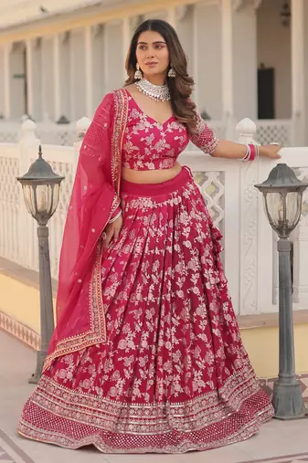 Pink Embroidered Dola Silk Jacquard indian wedding lehenga choli