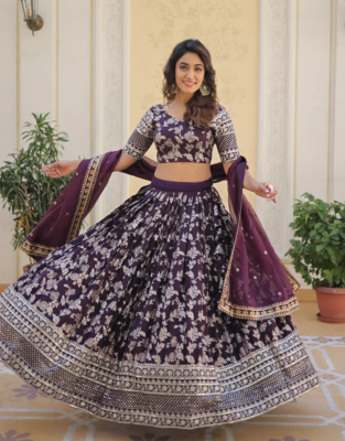 Gorgeous Wine embroidery with sequin and zari Dola Silk Jacquard indian designer wedding and party lehenga 1