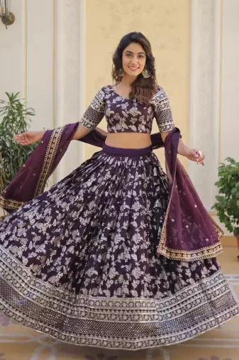 Gorgeous Wine embroidery with sequin and zari Dola Silk Jacquard indian designer wedding and party lehenga