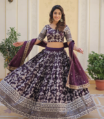 Gorgeous Wine embroidery with sequin and zari Dola Silk Jacquard indian designer wedding and party lehenga