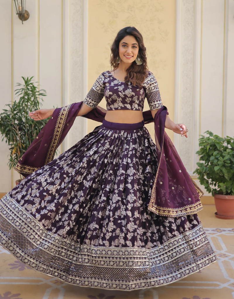 Gorgeous Wine embroidery with sequin and zari Dola Silk Jacquard indian designer wedding and party lehenga