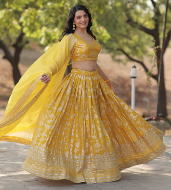 Yellow embroidery with Zari and sequins Dola Silk Jacquard indian designer wedding lehenga dress 1