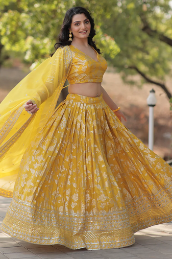 Yellow embroidery with Zari and sequins Dola Silk Jacquard indian designer wedding lehenga dress