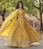 Yellow embroidery with Zari and sequins Dola Silk Jacquard indian designer wedding lehenga dress