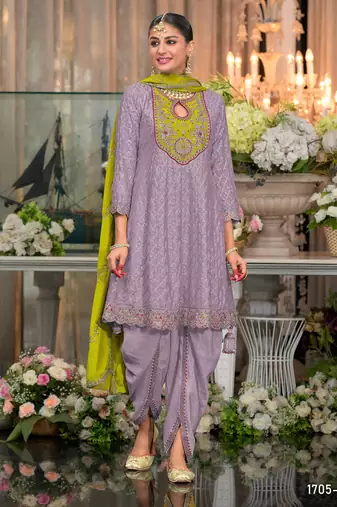 Purple embroidered dhoti wedding suits free size - full stitched