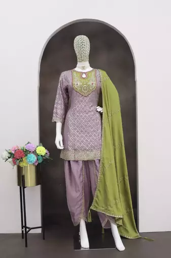 Purple embroidered dhoti wedding suits free size - full stitched