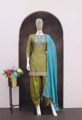 Mehendi green embroidered suit free size - full stitched 2