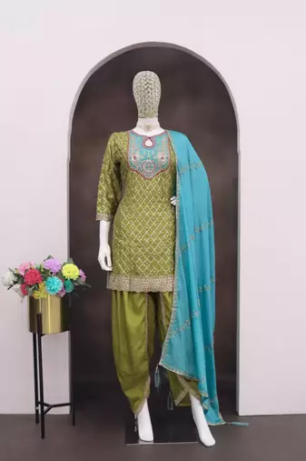 Mehendi green embroidered suit free size - full stitched