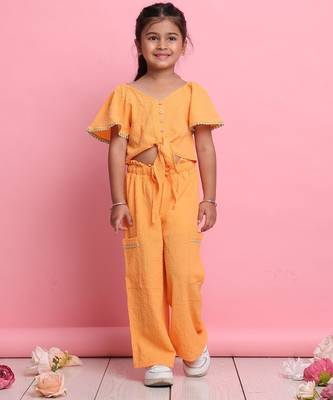 Girls' orange co-ord set     front-knot button top & relaxed fit trousers 1