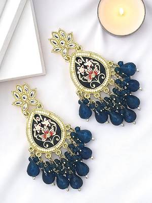 Gold plated kundan navy blue meenakari teardrop earrings 1