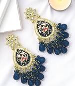 Gold plated kundan navy blue meenakari teardrop earrings