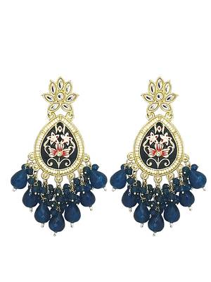 Gold plated kundan navy blue meenakari teardrop earrings 2